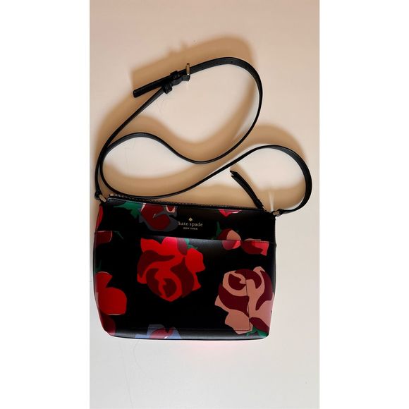 Kate Spade Patrice Bold Roses Black Red Floral Print Satchel Crossbody Handbag - Picture 2 of 13